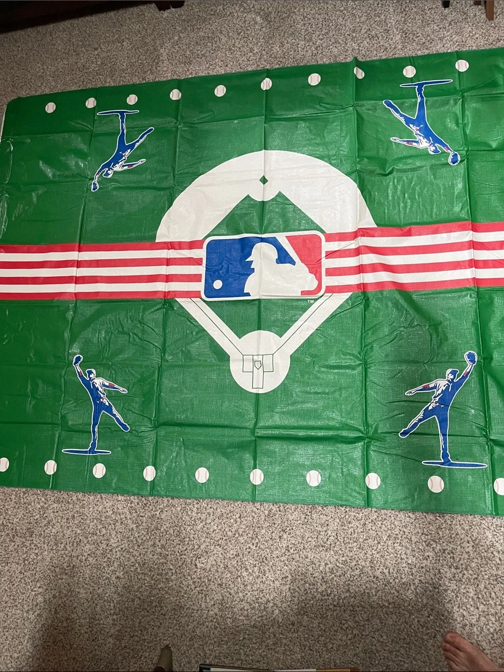 Baseball Field Party Table Cover Vinyl felt back Red White & Blue 72”x52”MLB